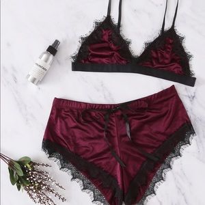 Maroon colored bra with matching booty shorts